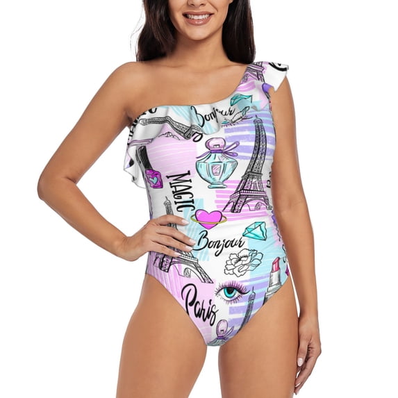 Gaeub Eiffel Tower and Hearts Women's One Shoulder Ruffle Tummy Control Swimwear for Swimming Surfing Beach Party - Medium
