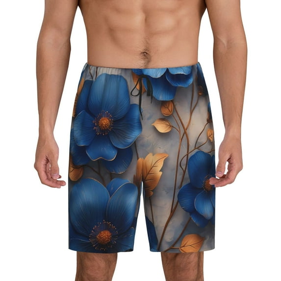 Gaeub Elegant Blue Gold Blooms Print Men's Short Pajama Pants, Sleep Shorts, Household Pants, Casual Pants with Pockets-XX-Large