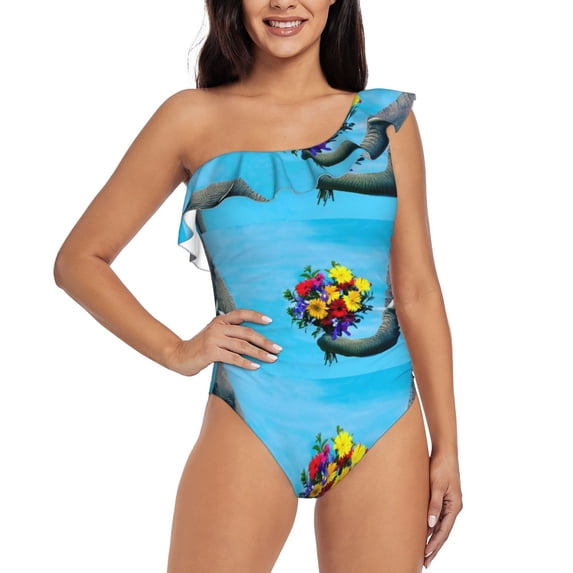 Gaeub Elephant Trunk Couple Flowers Women's One Shoulder Ruffle Tummy Control Swimwear for Swimming Surfing Beach Party - Small