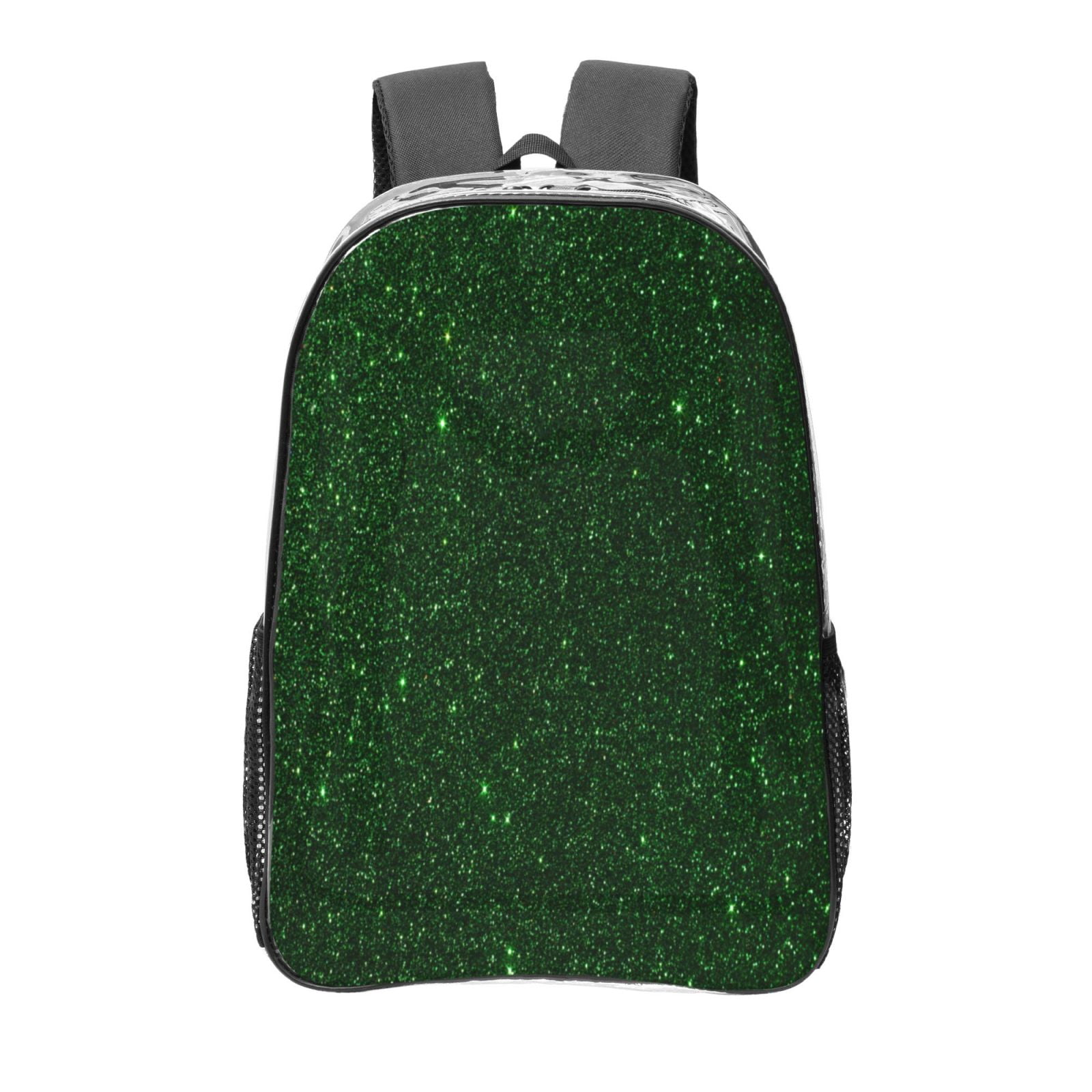 Gaeub Emerald Green Sparkling Print Clear Backpack ,Clear Transparent Backpack, PVC Bag with Side Pockets,for Concert, Beach, Work, Travel & Sporting