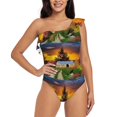 thumbnail image 1 of Gaeub Fall Village Scenery Women's One Shoulder Ruffle Tummy Control Swimwear for Swimming Surfing Beach Party - Small, 1 of 8