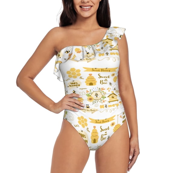 Gaeub Farm Bee Cute Honey Women's One Shoulder Ruffle Tummy Control Swimwear for Swimming Surfing Beach Party - Medium