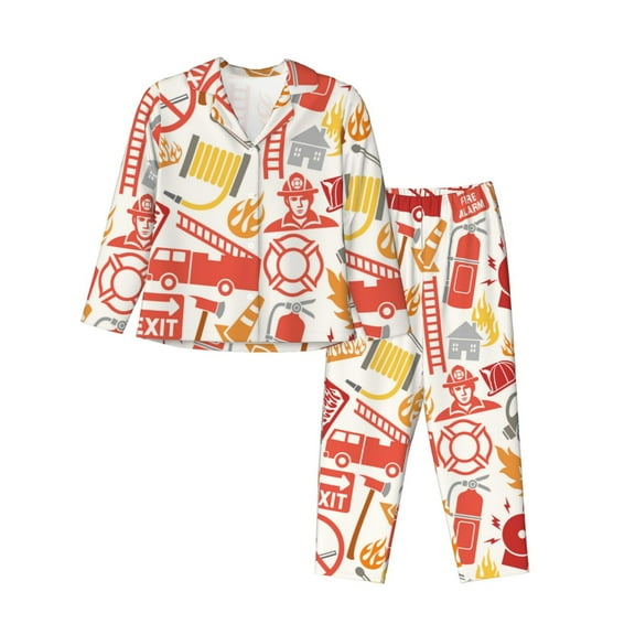 Gaeub Firefighter Icons Women' Long-Sleeve Shirt and Full-Length Bottom Pajama Set Loungewear Soft Pjs Sleepwear Set-