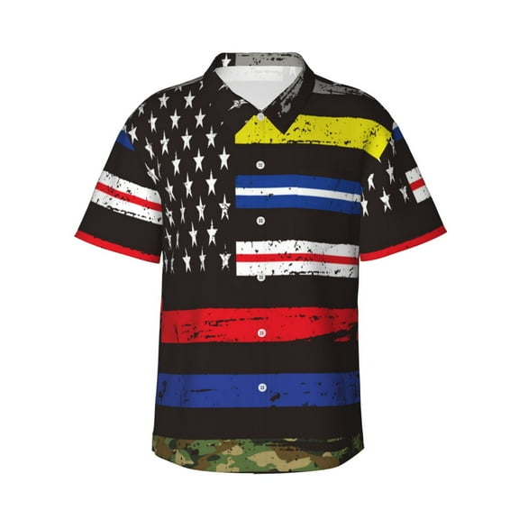Gaeub First Responder American Flag Print Men's Hawaiian Shirt,Button Down Short Sleeves Shirts,Tropical Beach Casual Button Down Shirts,Medium