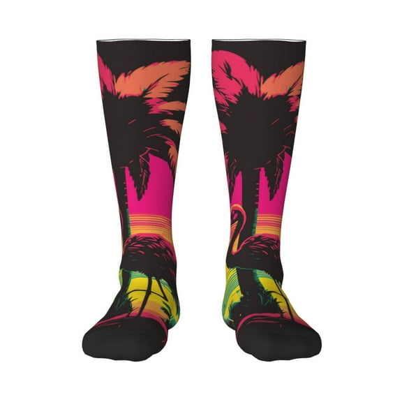 Gaeub Flamingo And Palm Trees At Sunset Printed Design Socks Stretchy High Tube Socks for Men Women Teens , Softball Soccer Socks for Hiking, Sport