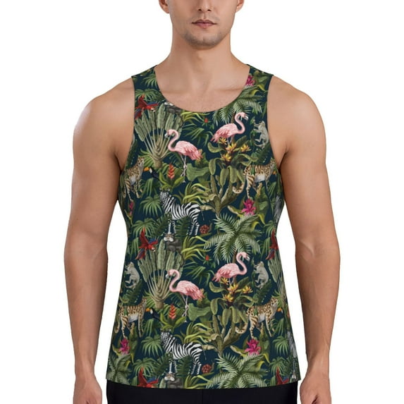 Gaeub Flamingos And Palm Leaves Men's Athletic Tank Top, Workout Sleeveless Shirts, Running Tank Tops for Gym, Running, Training - XX-Large