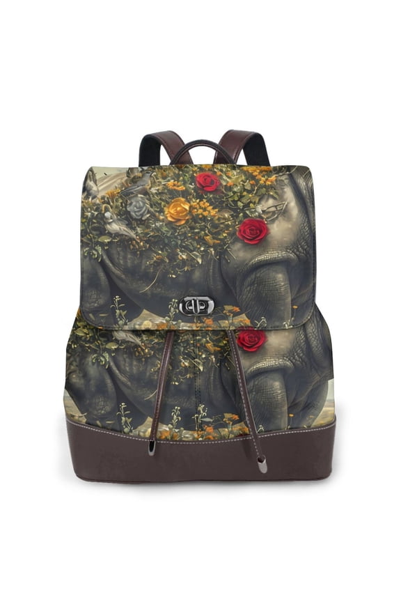 Floral Rhino With Birds Print Women's Leather Backpack,Travel Laptop Backpack,Fashion Ladies Leather Backpack Bag for Travel,Leather Drawstring Daypack for Me