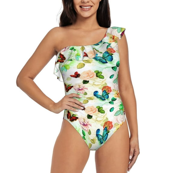 Gaeub Floral Vintage Women's One Shoulder Ruffle Tummy Control Swimwear for Swimming Surfing Beach Party - Small