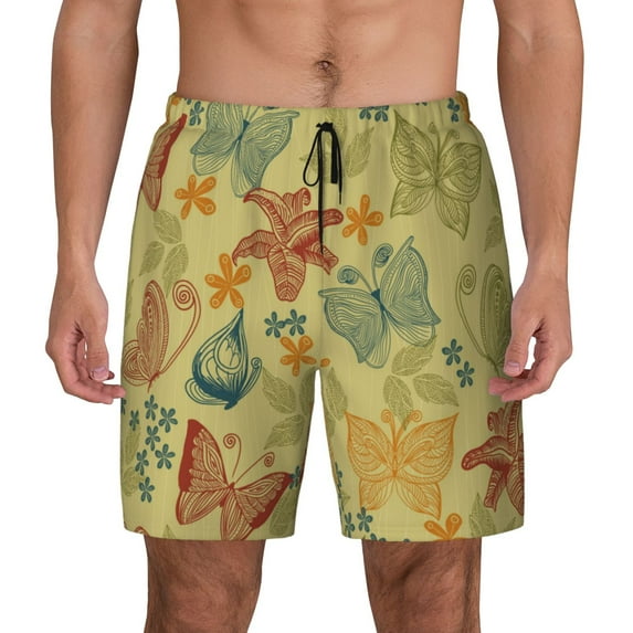 Gaeub Floral with Butterflies Mens Swim Trunks Stretch Beach Shorts Quick Dry for Men Swim Shorts Swimwear with Pockets- Small
