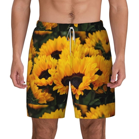 Gaeub Flower Bush Sunflower Mens Swim Trunks Stretch Beach Shorts Quick Dry for Men Swim Shorts Swimwear with Pockets- Medium