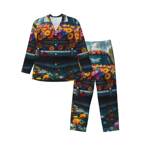 Gaeub Flower Covered Vintage Car Mens Pajamas Set Mens Sleepwear with Long Sleeve Top & Bottoms PJs-Large