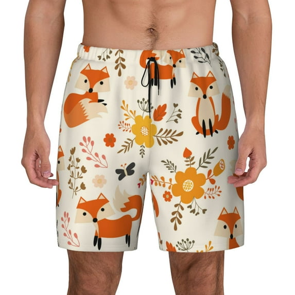 Gaeub Flower Fox Mens Swim Trunks Stretch Beach Shorts Quick Dry for Men Swim Shorts Swimwear with Pockets- Small