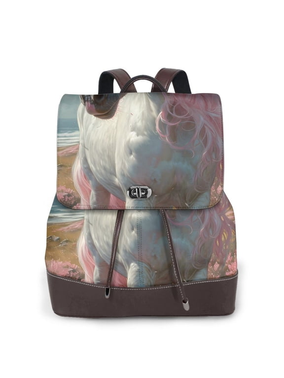 Flower White Horse (2) Print Women's Leather Backpack,Travel Laptop Backpack,Fashion Ladies Leather Backpack Bag for Travel,Leather Drawstring Daypack for Me