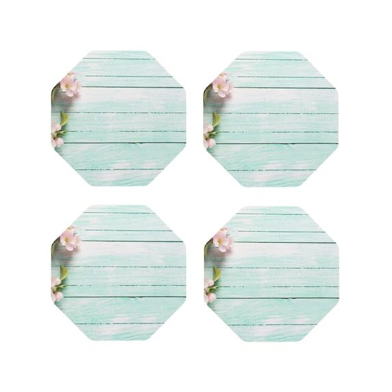 Gaeub Flowers And Turquoise Wooden Print 4 Pcs Leather Coasters for Drinks ,Drink Coasters Sets,Drink Table Cup Coasters for Living Room Kitchen Coffee Decor-Octagon