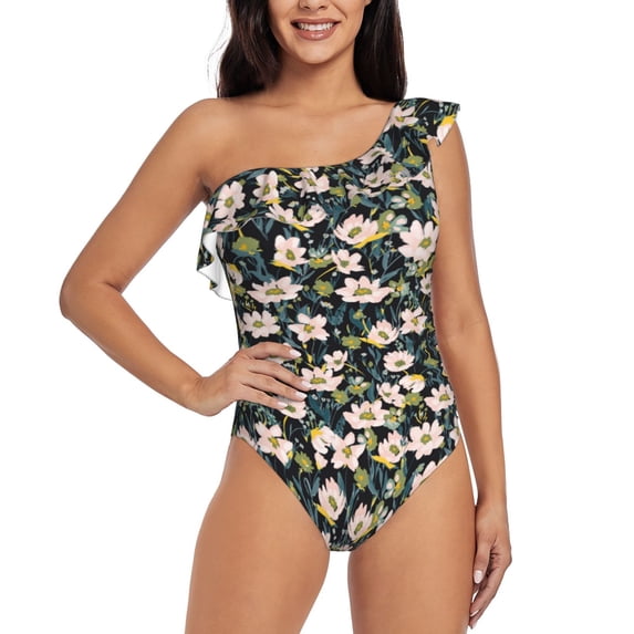 Gaeub Flowers Women's One Shoulder Ruffle Tummy Control Swimwear for Swimming Surfing Beach Party - X-Large