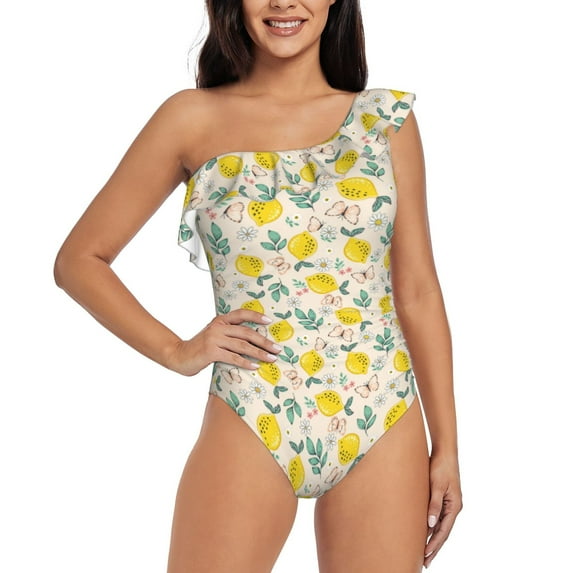 Gaeub Flowers and Butterflies Women's One Shoulder Ruffle Tummy Control Swimwear for Swimming Surfing Beach Party - Medium