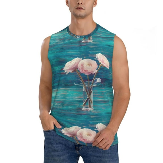 Gaeub Flowers in Glass Vase Men's Sleeveless Muscle Shirts Workout Tank Tops, Odor Protection and Comfortable - 3X-Large