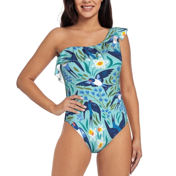 Gaeub Flying Swallows Women's One Shoulder Ruffle Tummy Control Swimwear for Swimming Surfing Beach Party - XX-Large