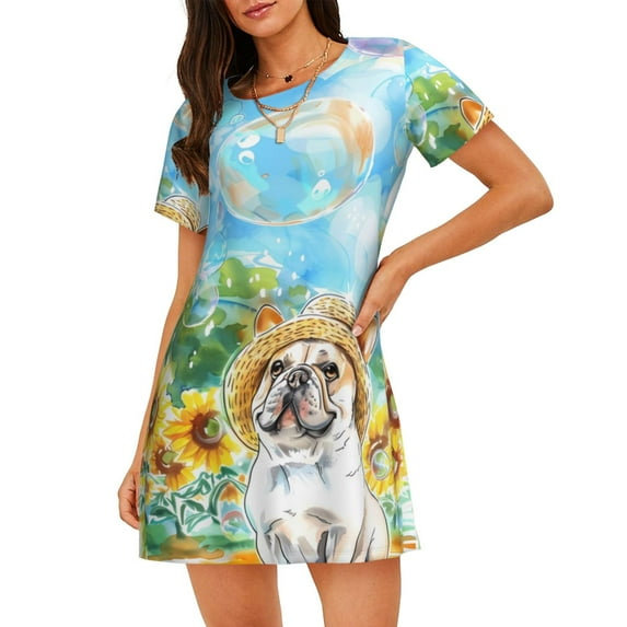 Gaeub French Bulldog Sunflowers Bubbles Print Women's Short-Sleeved Nightdress,Loose Comfy Pajama Sleepwear,Summer Night-dresses for Women