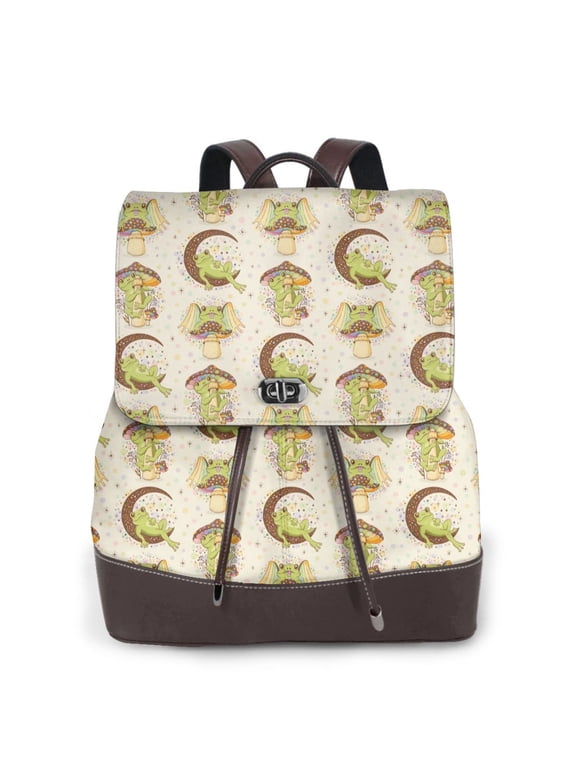 Frogs Print Women's Leather Backpack,Travel Laptop Backpack,Fashion Ladies Leather Backpack Bag for Travel,Leather Drawstring Daypack for Me