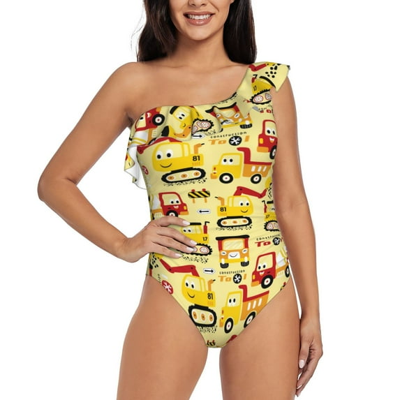 Gaeub Funny Construction Vehicles Women's One Shoulder Ruffle Tummy Control Swimwear for Swimming Surfing Beach Party - Large