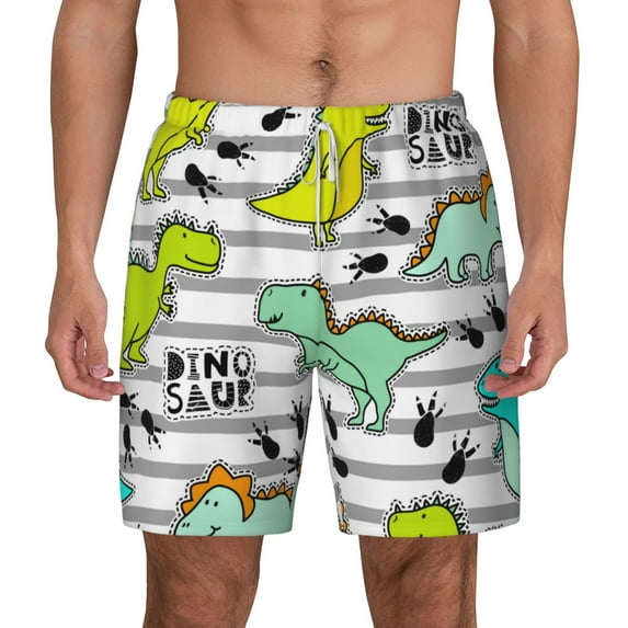 Gaeub Funny Dinosaurs on Stripes Mens Swim Trunks Stretch Beach Shorts Quick Dry for Men Swim Shorts Swimwear with Pockets- Small