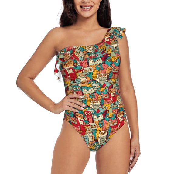 Gaeub Funny Owl Bird Women's One Shoulder Ruffle Tummy Control Swimwear for Swimming Surfing Beach Party - XX-Large