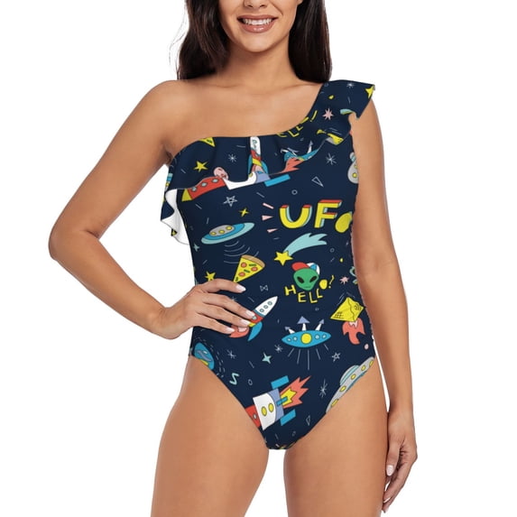 Gaeub Funny Spaceships Women's One Shoulder Ruffle Tummy Control Swimwear for Swimming Surfing Beach Party - Medium