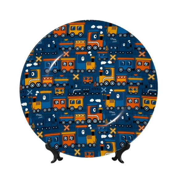 Gaeub Funny Steam Train Print Ceramic Plate,Dinner Plates,Bone China Decorative Plates with Display Stand,Art Ceramic Ornaments for Wall Hanging Decoration-10in