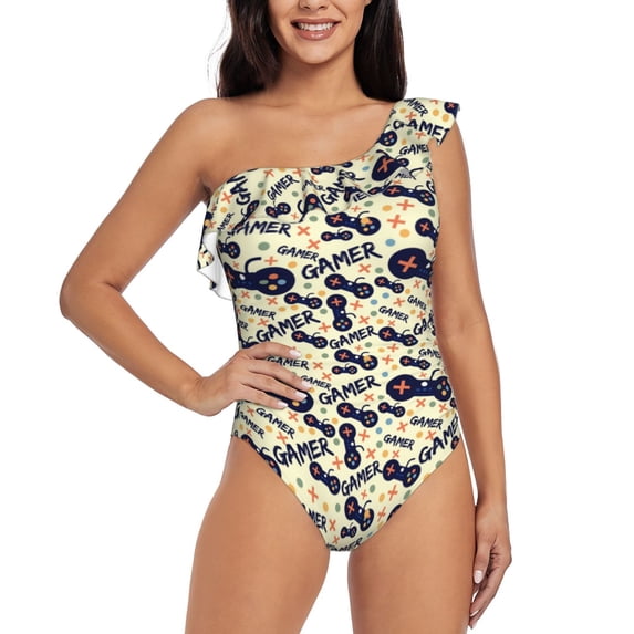 Gaeub Game Controller Women's One Shoulder Ruffle Tummy Control Swimwear for Swimming Surfing Beach Party - X-Large