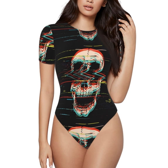 Gaeub Glitch Screaming Skull Women'S Short Sleeve One Piece Swimsuit Sexy High-Waisted Bodysuit For Swimming, Beach, Sports - Medium