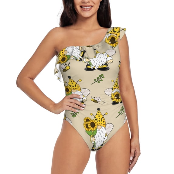 Gaeub Gnomes Bees And Sunflowers Women's One Shoulder Ruffle Tummy Control Swimwear for Swimming Surfing Beach Party - Large