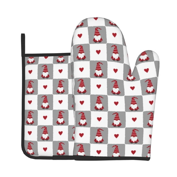 Gaeub Gnomes and Hearts Print Oven Mitts and Pot Holders Sets of 2,Heat Resistant Pad,Cooking Gloves, for Baking BBQ Home Decor