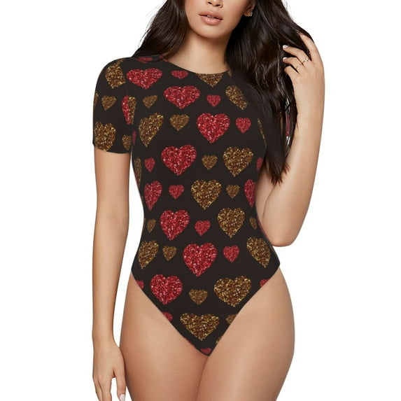 Gaeub Gold Glitter Heart Women'S Short Sleeve One Piece Swimsuit Sexy High-Waisted Bodysuit For Swimming, Beach, Sports - Large