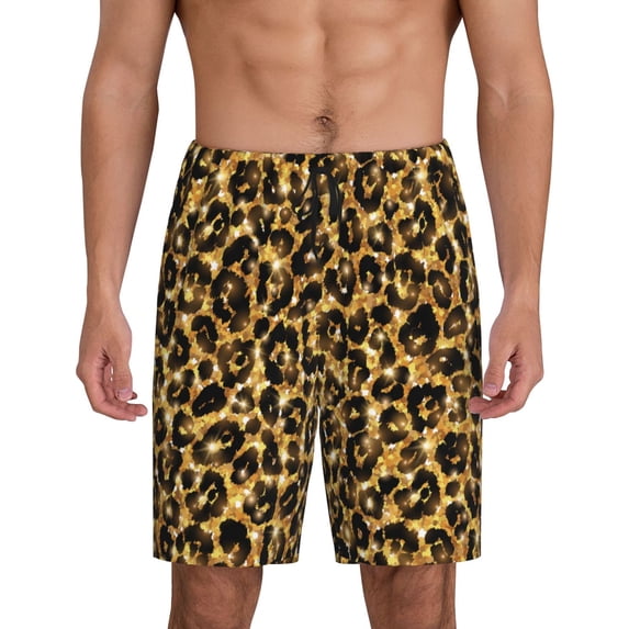 Gaeub Gold Glitter Leopard Printed Men's Short Pajama Pants, Lightweight Lounge & Sleep Bottoms Keep You Cool - Small