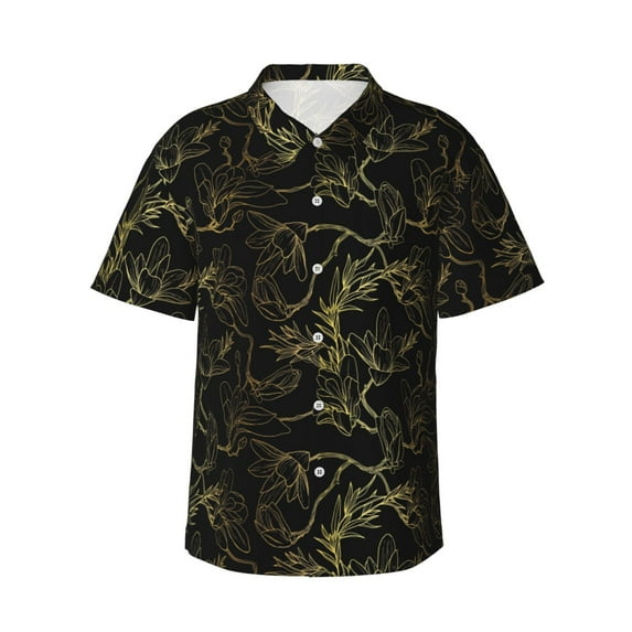 Gaeub Gold Gloss Outline Floral Print Men's Hawaiian Shirt,Button Down Short Sleeves Shirts,Tropical Beach Casual Button Down Shirts,Large