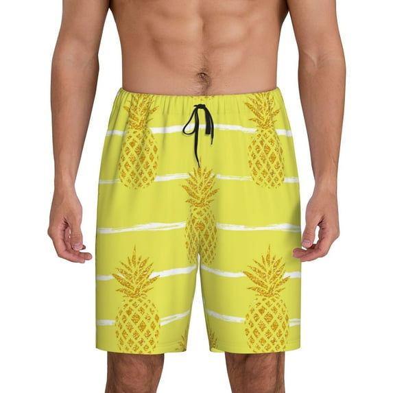 Gaeub Gold Pineapple Printed Men's Short Pajama Pants, Lightweight Lounge & Sleep Bottoms Keep You Cool - Large