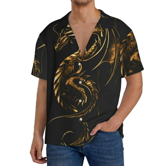 Gaeub Golden Dragon Tattoo Art Men's Lapel Short Sleeve Shirt,Cuban Shirts For Men,Short Sleeve Button Down Men, Soft and Breathable for Outdoors Party Travel-4X-Large