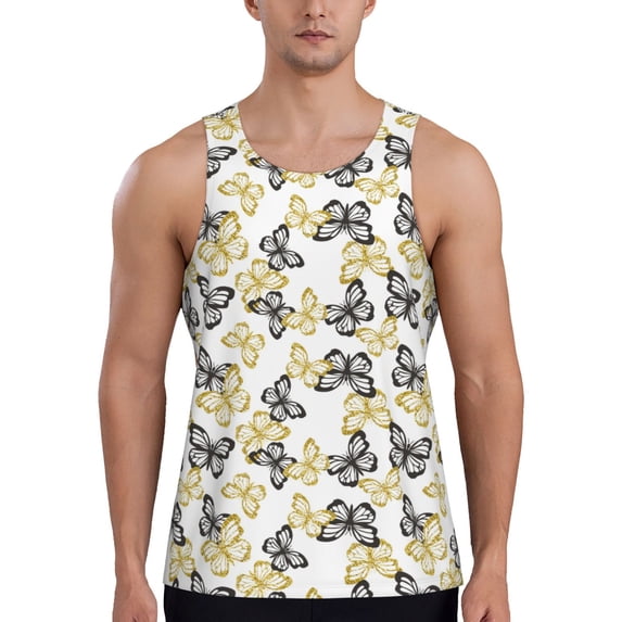 Gaeub Golden Glitter Butterflies Men's Athletic Tank Top, Workout Sleeveless Shirts, Running Tank Tops for Gym, Running, Training - Small