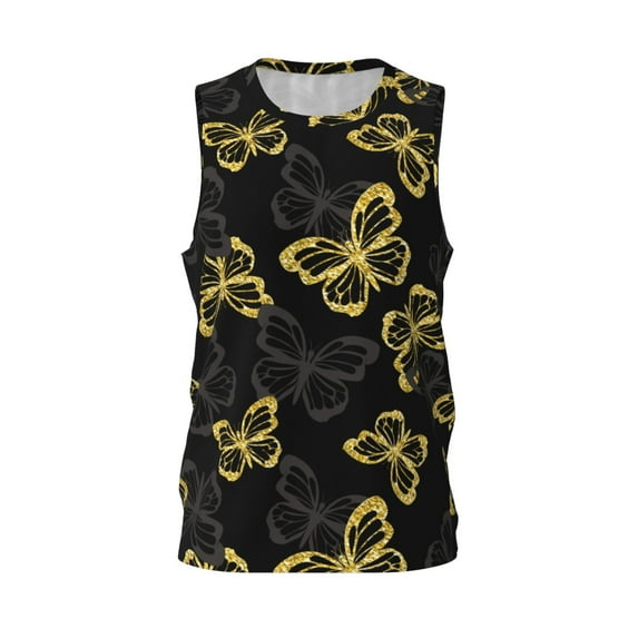 Gaeub Golden Glitter Butterflies Men's Mesh Basketball Jersey, Quick-Drying Sleeveless Top S-4XL, Loose Muscle Tank Top -Small