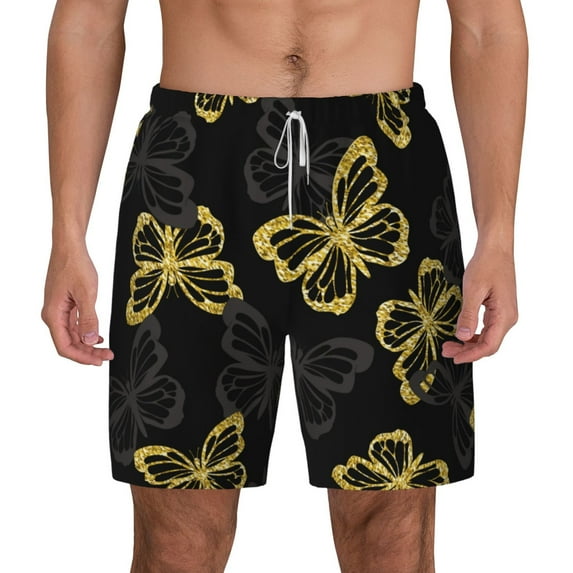 Gaeub Golden Glitter Butterflies Mens Swim Trunks Stretch Beach Shorts Quick Dry for Men Swim Shorts Swimwear with Pockets- X-Large