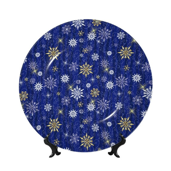 Gaeub Golden Snowflakes Royal Blue Print Ceramic Plate,Dinner Plates,Bone China Decorative Plates with Display Stand,Art Ceramic Ornaments for Wall Hanging Decoration-8in