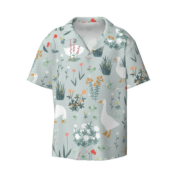 Gaeub Goose and Doodle Flowers Men's Lapel Short Sleeve Shirt, Relaxed Fit Shirt, Soft and Breathable for Outdoors Party Travel - Medium