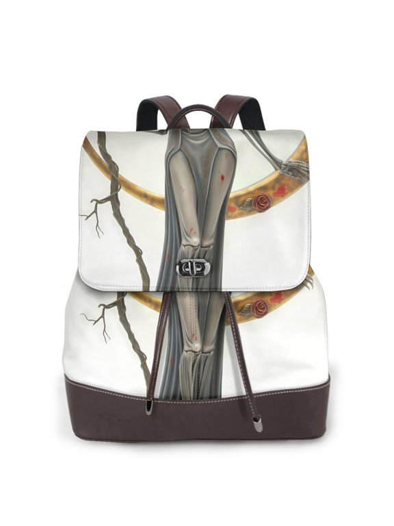 Fuzoiu Gothic Skeleton With Roses Print Women's Leather Backpack,Backpack in Leather with Adjustable Strap,College Bookbag for School,Work Business Backpack