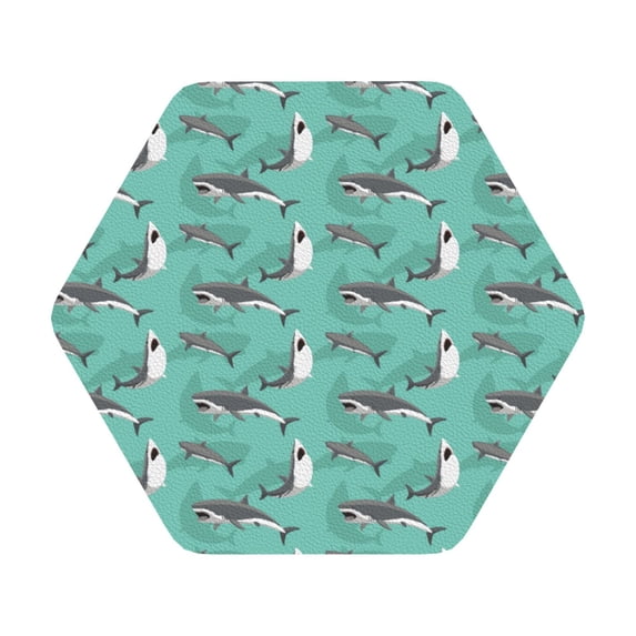 Gaeub Great White Shark Print 6 Pcs Leather Coasters for Drinks ,Drink Coasters Sets,Drink Table Cup Coasters for Living Room Kitchen Coffee Decor,Hexagon