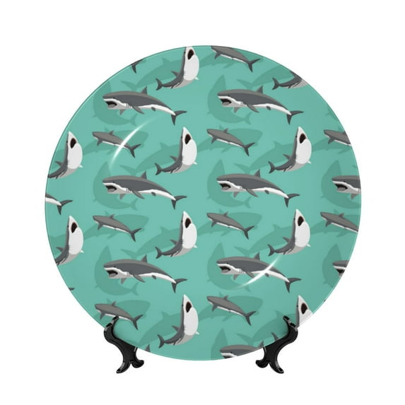 Gaeub Great White Shark Print Ceramic Plate,Dinner Plates,Bone China Decorative Plates with Display Stand,Art Ceramic Ornaments for Wall Hanging Decoration-7in
