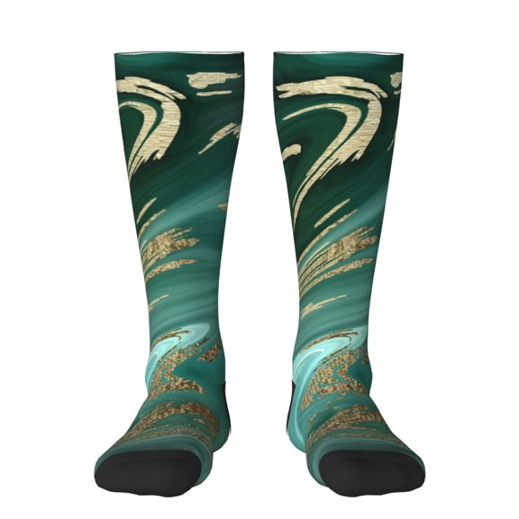 Gaeub Green And Gold Marble Printed Design Socks Stretchy High Tube Socks for Men Women Teens , Softball Soccer Socks for Hiking, Sport