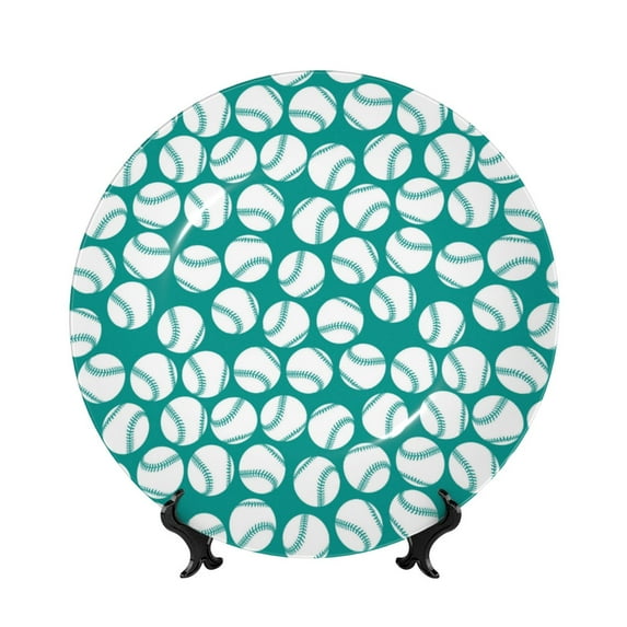 Gaeub Green Baseball Print Ceramic Plate,Dinner Plates,Bone China Decorative Plates with Display Stand,Art Ceramic Ornaments for Wall Hanging Decoration-8in
