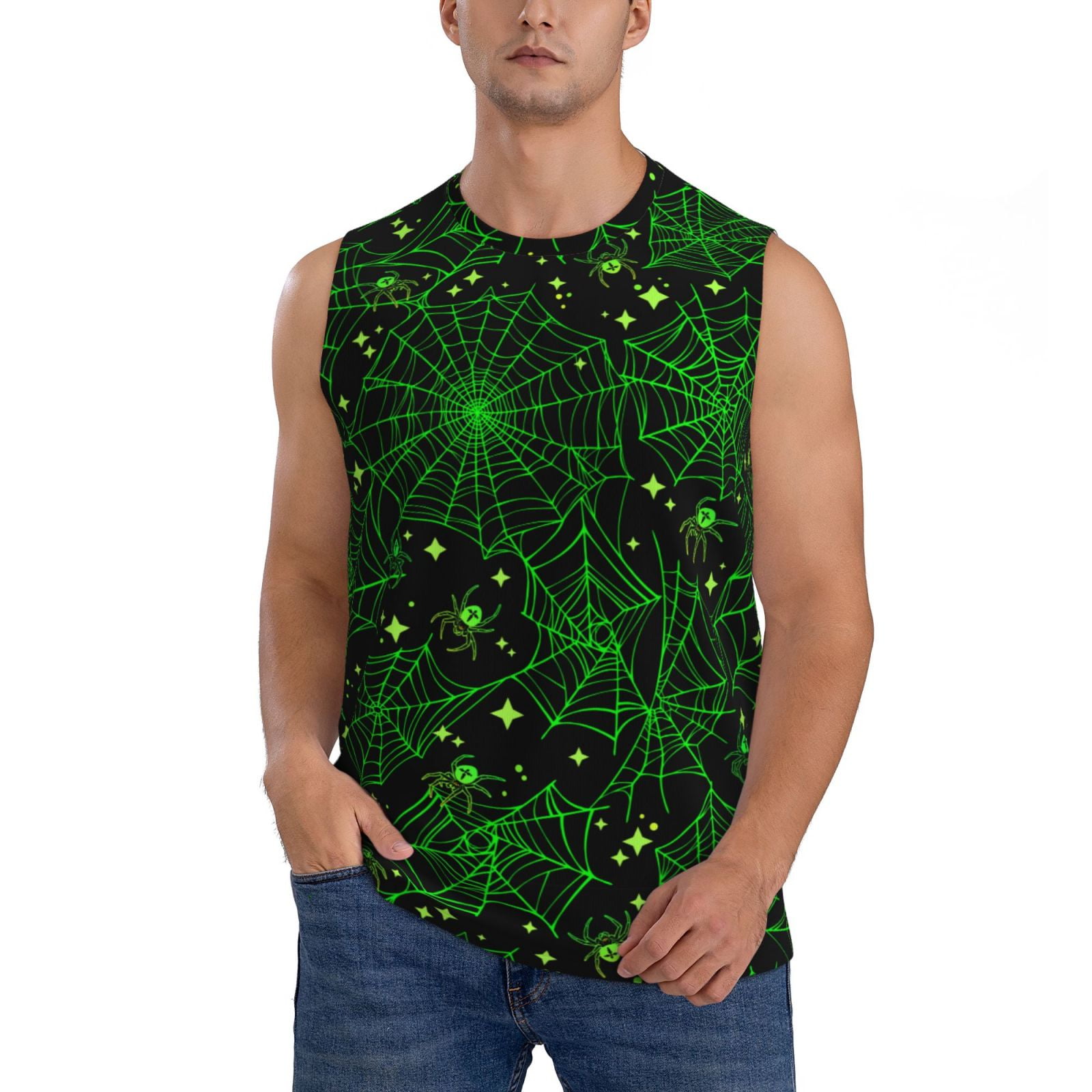 Gaeub Green Bright Web with Spiders Men's Sleeveless Muscle Shirts ...
