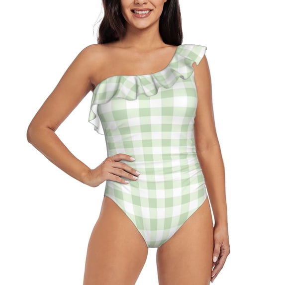Gaeub Green Checkboard Women's One Shoulder Ruffle Tummy Control Swimwear for Swimming Surfing Beach Party - Medium